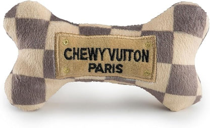 Haute Diggity Dog Checker Chewy Vuiton Bone, Plush Designer Dog Toys with Interactive Squeaker, Stimulating Pet Enrichment, Machine-Washable & Safe Materials for All Breeds, Size Small