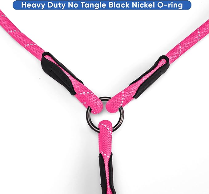 Pawtitas Double Leash for Two Dogs Great for Walking & Training Comfortable Shock Absorbing Reflective Pet Rope Leash for 2 Dogs 6ft - Medium/Large - Pink