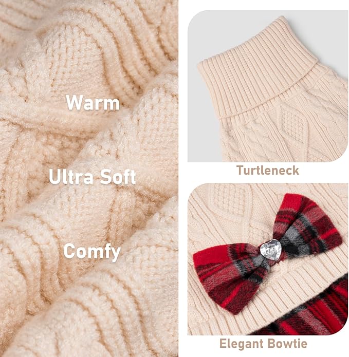 KYEESE Dog Sweater Warm Comfy Pet Coats Stretchy Knitwear Pullover Dog Sweaters for Large Dogs Thick Dogs Clothes Soft Turtleneck Pet Sweater Dress with Bowtie for Cold Weather Winter