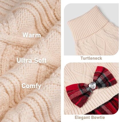 KYEESE Dog Sweater Warm Comfy Pet Coats Stretchy Knitwear Pullover Dog Sweaters for Large Dogs Thick Dogs Clothes Soft Turtleneck Pet Sweater Dress with Bowtie for Cold Weather Winter