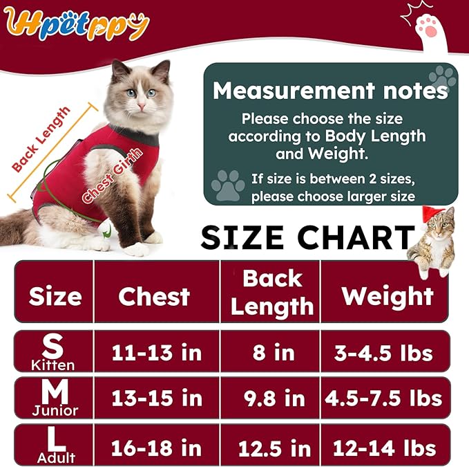 Hpetppy Cat Recovery Suit for Spay Abdominal Wounds, Kitten Onesie Bodysuit for Cats After Surgery, Cat Surgery Recovery Suit Female Cone of Shame Alternative for Cats Anti Licking (Red,M)
