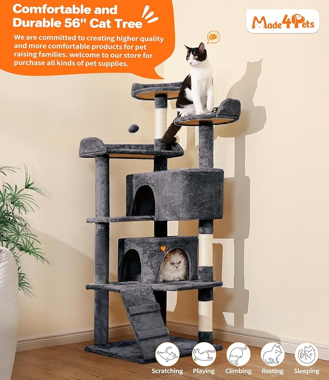 Made4Pets Cat Tree Tower 56in Cat Tower for Indoor Cats Kitten Tree Multi-Level Cat Tree with 2 Condo Furniture Activity Center with Scratching Posts Funny Toys Kittens Pet Play House, Grey