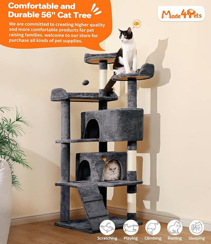 Made4Pets Cat Tree Tower 56in Cat Tower for Indoor Cats Kitten Tree Multi-Level Cat Tree with 2 Condo Furniture Activity Center with Scratching Posts Funny Toys Kittens Pet Play House, Grey