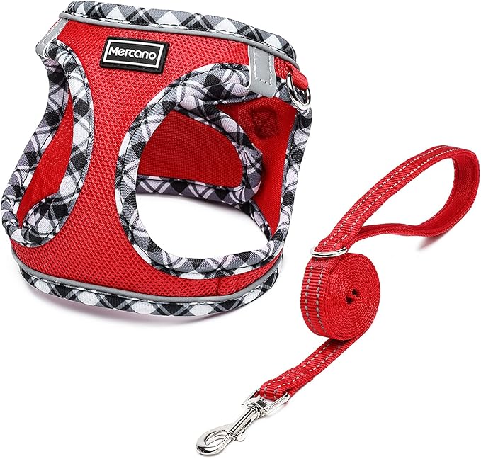 Mercano Soft Mesh Dog Harness and Leash Set, No-Chock Step-in Reflective Breathable Lightweight Easy Walk Vest Harnesses with Safety Buckle for Small Dogs, Cats (Red, L)