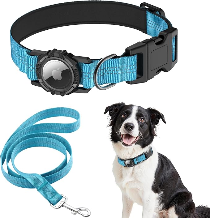 HDDTTZ AirTag Dog Collar and Leash, IP68 Waterproof Integrated with Reflective, Ultra-Durable, Comfortable Padded, Heavy Duty Dog Collars for Small Medium Large Dogs, L (14.8"-20.3"), Blue