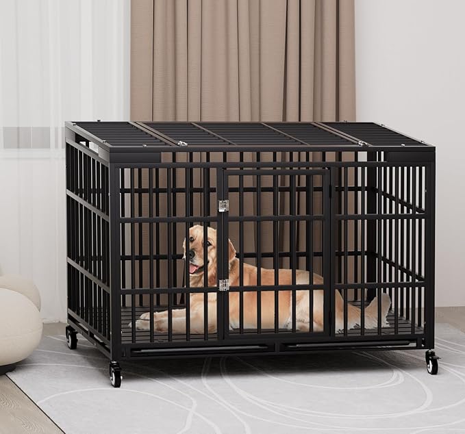 Snuowu 54 Inch Heavy Duty Dog Crate with Wheels，Indestructible Escape-Proof Dog Cage for Large Dogs, Extra Large XL XXL Indestructible Dog Crate with Removable Tray.