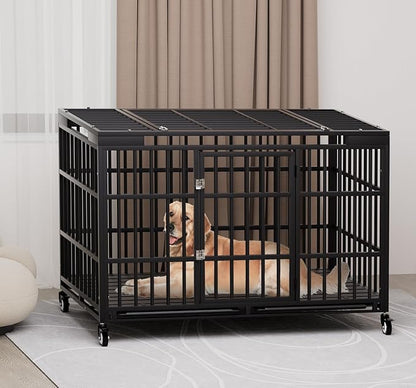 Snuowu 54 Inch Heavy Duty Dog Crate with Wheels，Indestructible Escape-Proof Dog Cage for Large Dogs, Extra Large XL XXL Indestructible Dog Crate with Removable Tray.