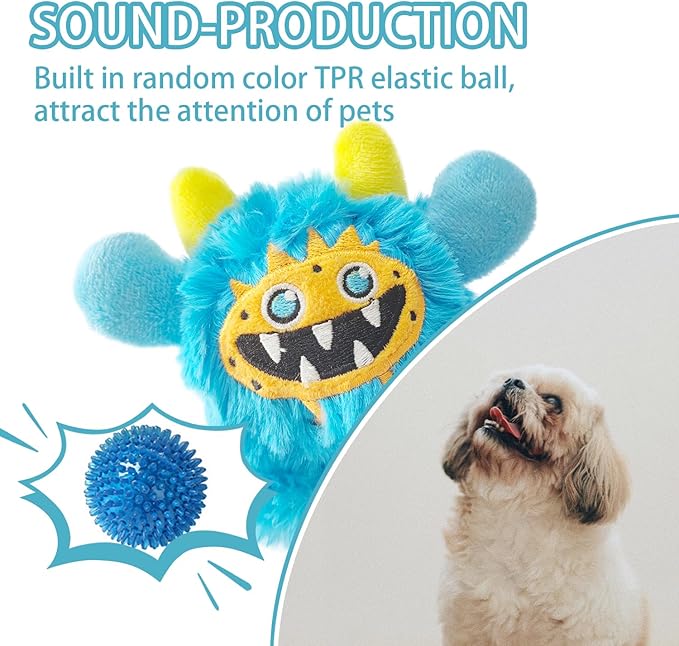 FCCUM Plush Squeaky Dog Toy Ball, Chew Guard, Soft and Comfortable, Training and Companionship, Little Monster Puppy Toys Suitable for All Breeds, (Blue, Small)
