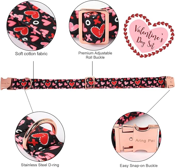 ARING PET Valentine's Day Bow Dog Collar, Black Red Heart Pet Collar with Bowtie for Small Medium Large Dogs-XS