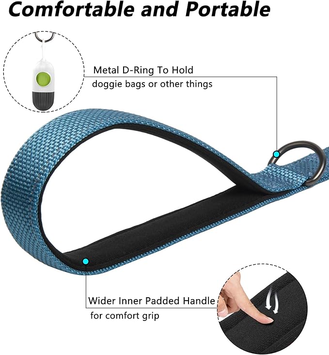 PetiFine 5FT Heavy Duty Dog Leash with Soft Padded Double Handle, Durable Strong Clasp Dog Leashes, Reflective Nylon Walking Lead for Large,Medium,Small Breed Dogs, Blue