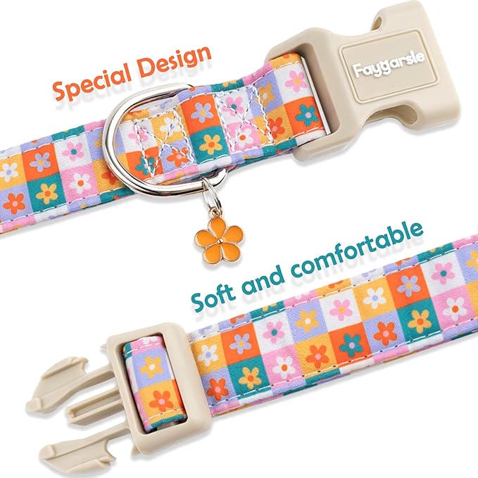 Faygarsle Floral Plaid Pattern Dog Collar, Spring Summer Design for Small Medium Large Dogs Multi-Color L