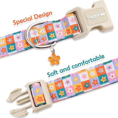 Faygarsle Floral Plaid Pattern Dog Collar, Spring Summer Design for Small Medium Large Dogs Multi-Color L