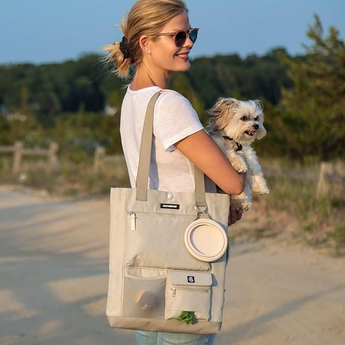 Cleverpup Park Pack 2-Piece Set Dog Gear Tote – Dog Travel Bag with 8 Pockets, Treat Pouch, Poop Bag Dispenser, Quick-Dry Ball Pocket, Collapsible Bowl, Perfect for Walks & Park Trips, Sand