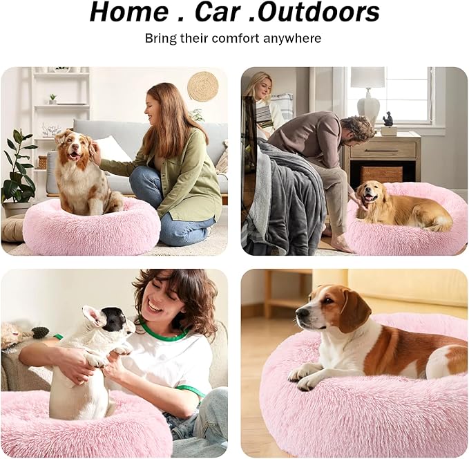 NOYAL Calming Donut Dog Bed for Small to Medium Dogs & Cats - Plush Faux Fur Anti-Anxiety Pet Bed with Machine Washable Cover & Non-Slip Base