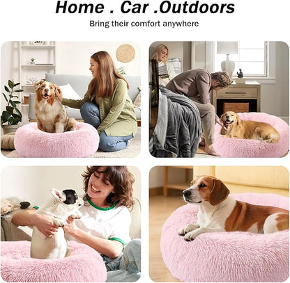 NOYAL Calming Donut Dog Bed for Small to Medium Dogs & Cats - Plush Faux Fur Anti-Anxiety Pet Bed with Machine Washable Cover & Non-Slip Base