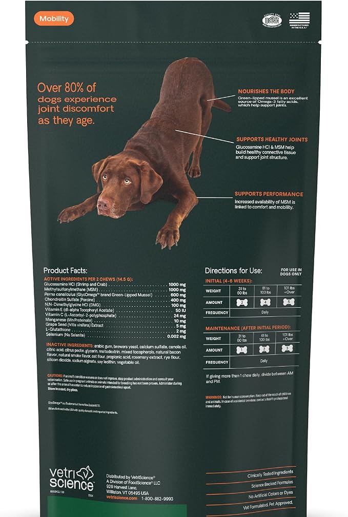 VetriScience Ultimate Strength Healthy Hip & Joint Chews, GlycoFlex Glucosamine, Chondroitin and Green-Lipped Mussel Joint Support Supplement for Dogs, Soothe Joint Discomfort, Bacon, 120 Count