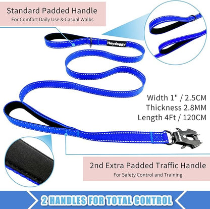 Strong Heavy Duty Dog Leash - 4ft Reflective Nylon Training Leash with Soft Padded Double Handle & Auto Lock Frog Clip - Safety Traffic Control for Large Medium Small Dogs No Pull Walk Dark Blue,4ft