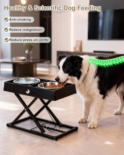 Taglory Metal Elevated Dog Bowls Stand for Large Breeds, 9 Height-Adjustable Raised Dog Bowl with 2 Stainless Steel Bowls(6 Cup), Anti-Slip Pads, 9" to 17.5", Black