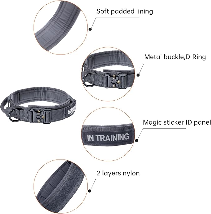 EXCELLENT ELITE SPANKER Tactical Dog Collar Nylon Adjustable Training Collar Military Dog Collar Heavy Duty Metal Buckle with Control Handle for Medium and Large Dogs with Patches (Grey-XL)