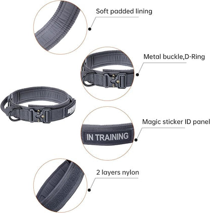 EXCELLENT ELITE SPANKER Tactical Dog Collar Nylon Adjustable Training Collar Military Dog Collar Heavy Duty Metal Buckle with Control Handle for Medium and Large Dogs with Patches (Grey-XL)