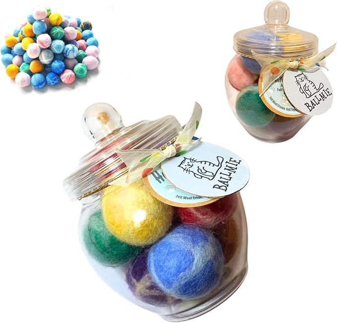 BALLMIE Felt Wool Cat Toys Ball with Catnip and Bell, Natural Handmade cat Toys Ferret Toys cat Gift Basket (Felt Wool Mixed in Jar)