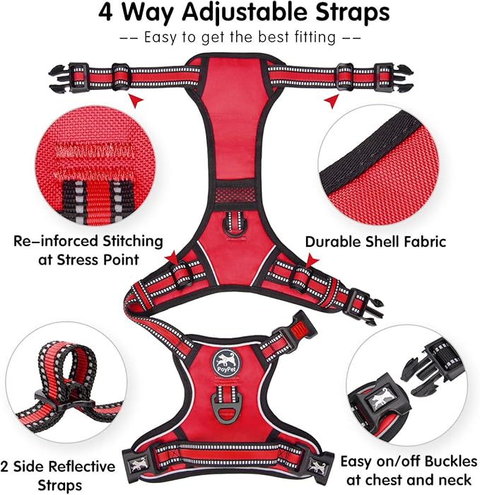 PoyPet No Pull Dog Harness, [Release on Neck] Reflective Adjustable No Choke Pet Vest with Front & Back 2 Leash Attachments, Soft Control Training Handle for Small Medium Large Dogs(Red,L)
