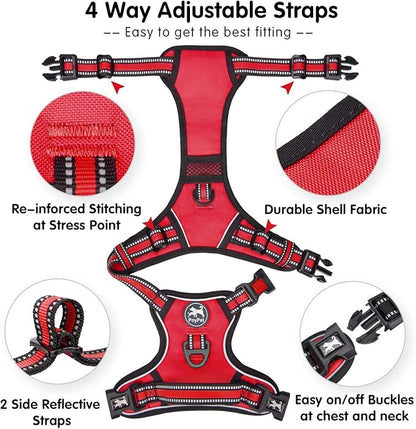 PoyPet No Pull Dog Harness, [Release on Neck] Reflective Adjustable No Choke Pet Vest with Front & Back 2 Leash Attachments, Soft Control Training Handle for Small Medium Large Dogs(Red,L)