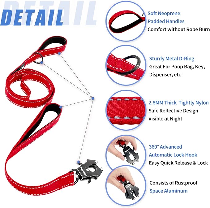 Strong Heavy Duty Dog Leash - 5ft Reflective Nylon Training Leash with Soft Padded Double Handle & Auto Lock Frog Clip - Safety Traffic Control for Large Medium Small Dogs No Pull Walk Red,5ft