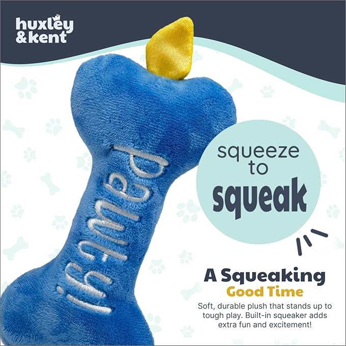 Huxley & Kent Funny Dog Toy w/Squeaker – Power Plush Squeaky Dog Toys for Small Dogs – Durable Small Stuffed Animal for Indoor Play & Fetch - Tiny Tuff It's My Barkday Bone