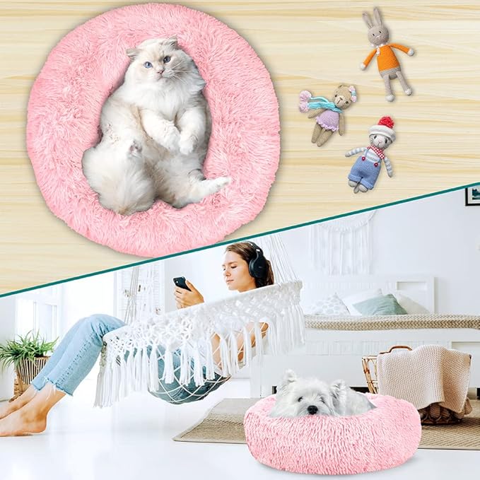 PetAmi Calming Dog Bed for Small & Medium Dogs and Cats, 30” Round Donut Dog Bed, Washable Fluffy Faux Fur Puppy & Cat Bed, Anti-Anxiety Plush Cuddler Pet Bed with Anti-Slip Bottom - Pink