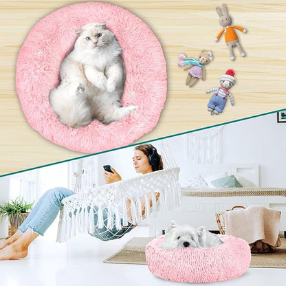 PetAmi Calming Dog Bed for Small & Medium Dogs and Cats, 30” Round Donut Dog Bed, Washable Fluffy Faux Fur Puppy & Cat Bed, Anti-Anxiety Plush Cuddler Pet Bed with Anti-Slip Bottom - Pink
