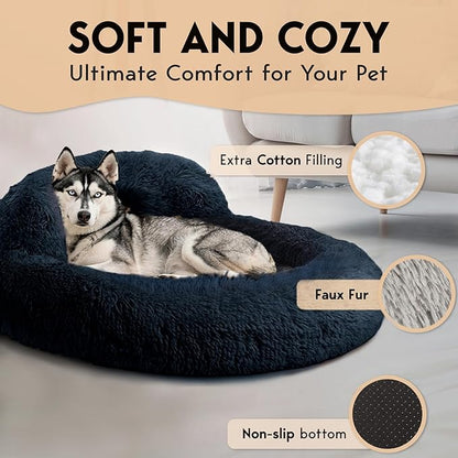 PetJett Calming Dog Beds Large Sized Dog - 36'' Round Bed, Anti-Slip & Washable Super Soft Donut Bed, Fluffy Faux Fur Anti-Anxiety Premium Comfort Pet Bed, Fits Dogs up to 80 lbs - Dark Grey