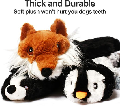 Sesyomr No Stuffing Dog Toys with Squeakers, Durable Stuffingless Plush Squeaky Dog Chew Toy Set,Crinkle Dog Toy for Medium and Large Dogs, 5 Pack（Squirrel Raccoon Fox Skunk and Penguin）, 24Inch