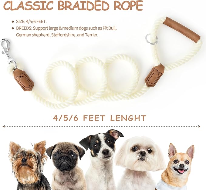 Mile High Life Dog Leash, Braided Cotton Rope Leashes with Leather Handle - Heavy Duty Metal Clasp, 6FT, 1/2" Thick - Wedding, Walking & Training Leash for Small Medium Large Dogs (White)