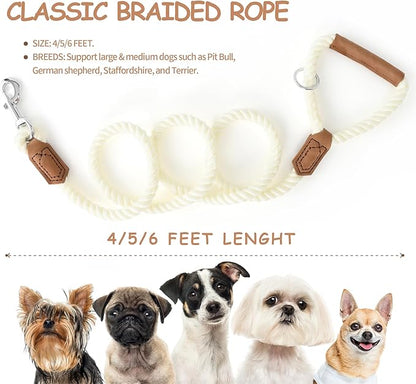Mile High Life Dog Leash, Braided Cotton Rope Leashes with Leather Handle - Heavy Duty Metal Clasp, 4FT, 1/2" Thick - Wedding, Walking & Training Leash for Small Medium Large Dogs (White)