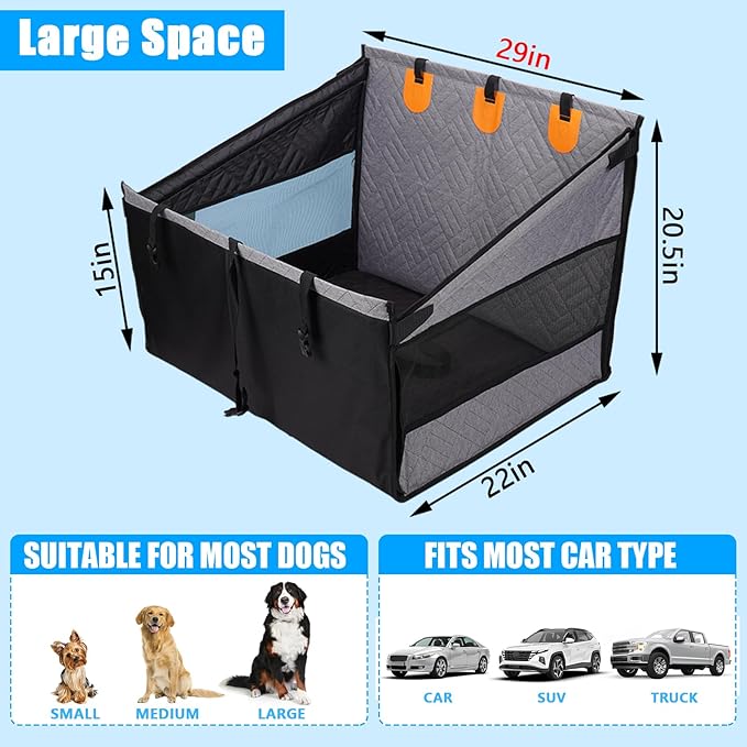 Dog Car Seat for Large Medium Dogs, Hard Bottom Back Seat Extender for Dogs with Soft Removable Blanket, Non-Slip Dog Car Hammock Turn into Soft Pet Travel Bed,Pet Seat for Car SUV Truck(Grey)