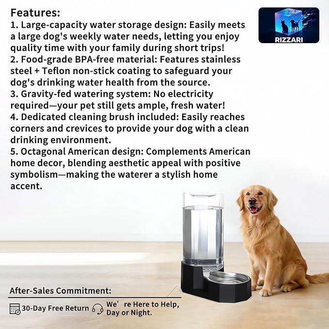 Sfozstra Large Dog Water Dispenser: 9L Automatic Black Water Feeder with Specialized Brush - Gravity Design for Multiple Pets in Garage Garden - Good for Spinal Health