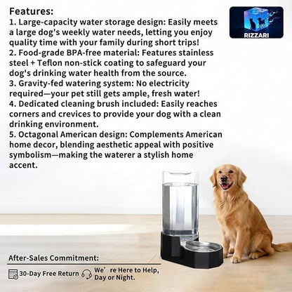 Sfozstra Large Dog Water Dispenser: 9L Automatic Black Water Feeder with Specialized Brush - Gravity Design for Multiple Pets in Garage Garden - Good for Spinal Health