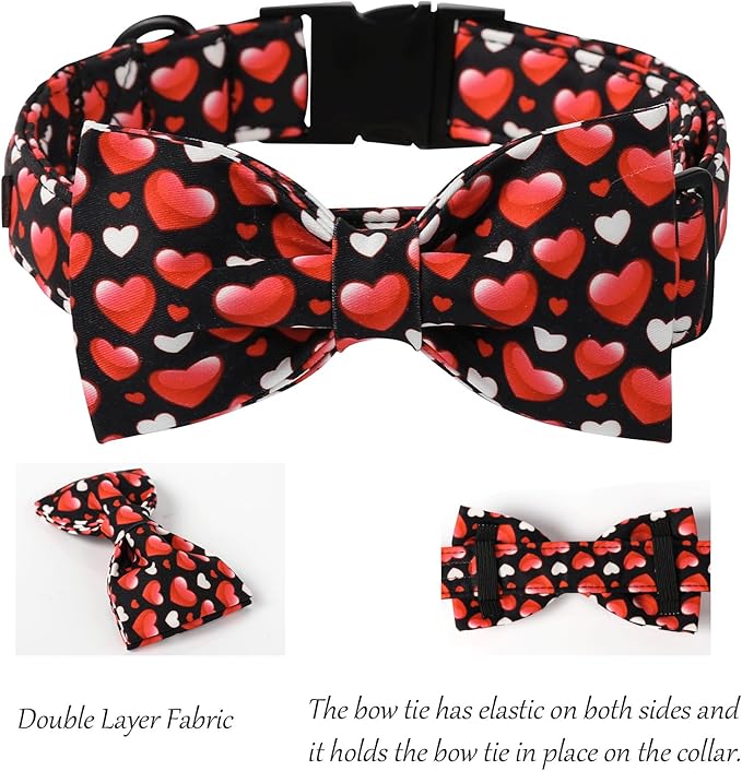 Lionet Paws Valentine's White Dog Collar, Cute Heart Black Dog Collar for Large Dogs, Adjustable Cotton Love Pet Collars for Medium Large Dogs