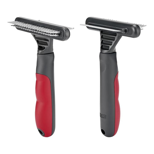 KONG Double-Sided Rake & Deshedding Tool – Detangling & Shedding Control, Rounded Metal Tips, Non-Slip Grip, for Medium to Large Dogs with Medium to Long Coats, Red/Gray