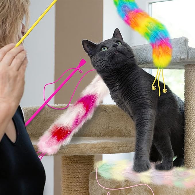 Lepawit 3 Pack Cat Wand Toy, Rainbow Cat Feather Toys with Bells, Teaser Wand with Soft Furry Tail, Interactive Toys for Indoor Cats & Kitten & Kitty