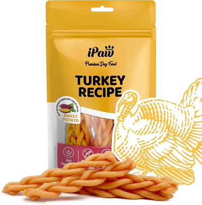 iPaw Turkey Dog Treats, All Natural Human Grade Dog Treat, Suitable for Training chew, US Sourced Raw Material, Hypoallergenic, Rawhide Alternative,Braided Stick (Sweet Potato)
