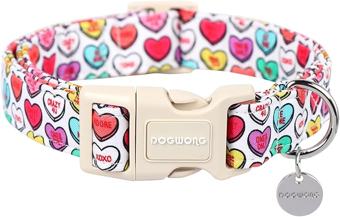 DOGWONG Valentine's Dog Collar, Adjustable, Durable, Heart Candy, Small, Cotton, Unique Valentine's Day Design, Soft and Breathable, Breakaway Closure