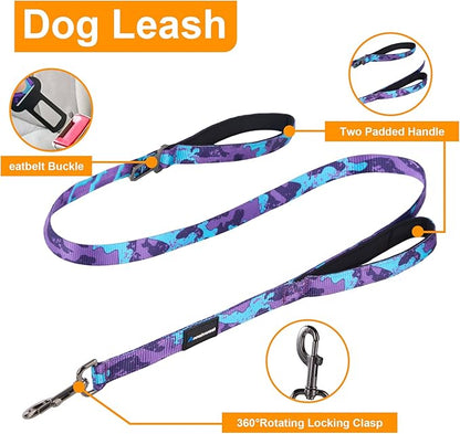 Annchwool Adjustable Dog Collar and 5 FT Leash Set with Heavy Duty Metal Buckle–Comfortable Lining Collar & Dual-Handles for Medium Large Dogs Walking,Running,Car Travel(Camo Purple Set,S:13''-17'')