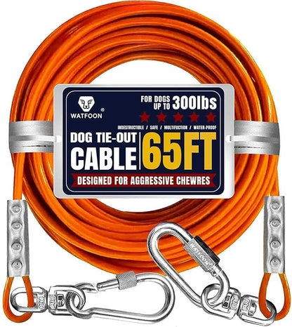 Tie Out Cable for Dogs Up to 300lbs,100ft Extra Strong 1000lbs Break Strength Tie-Out Tether Trolley Training Lead,Dog Run Cable for Yard Garden Park Camping Outside (Orange, 300lbs 65ft)