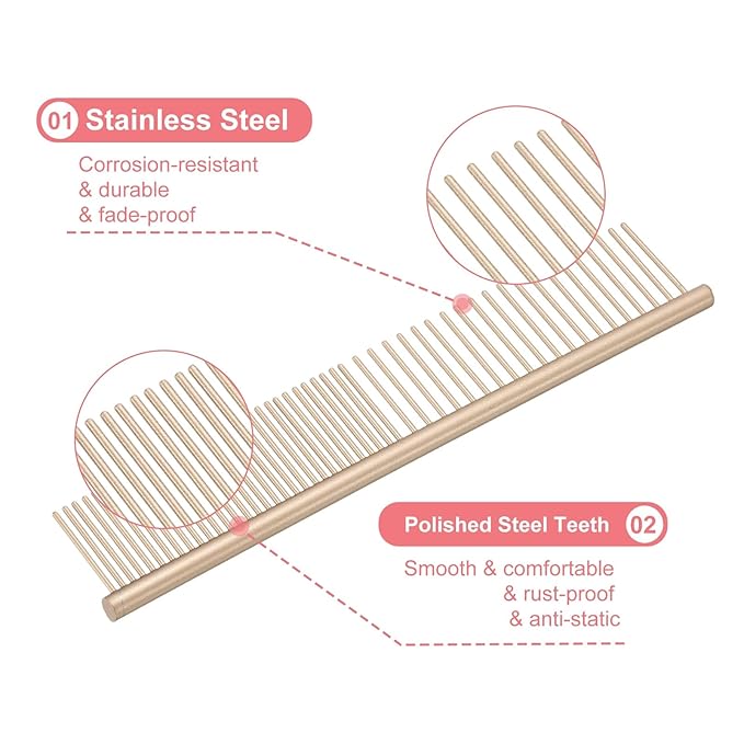 PETAXCELL Dog Cat Comb, Pet Combs Stainless Steel Teeth with Rounded Ends for Knots Mats Loose Hair Removal, 6.5IN (Gold Coated, 3 Pack), Grooming Tool Intended for Long Curly Hair Pet