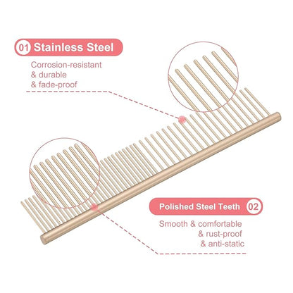 PETAXCELL Dog Cat Comb, Pet Combs Stainless Steel Teeth with Rounded Ends for Knots Mats Loose Hair Removal, 6.5IN (Gold Coated, 3 Pack), Grooming Tool Intended for Long Curly Hair Pet