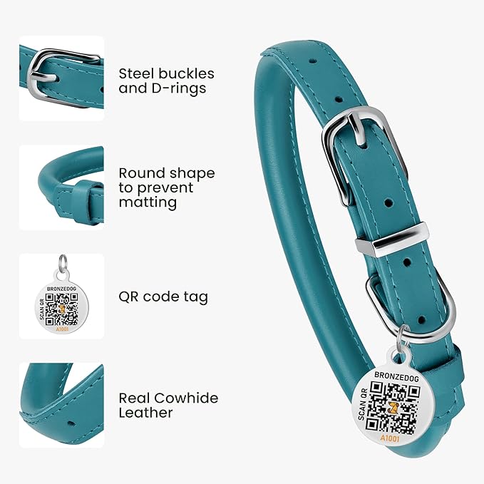 BRONZEDOG Rolled Leather Dog Collar for Small Medium Large Dogs with QR ID Tag (M: 14-16 Inch, Teal)