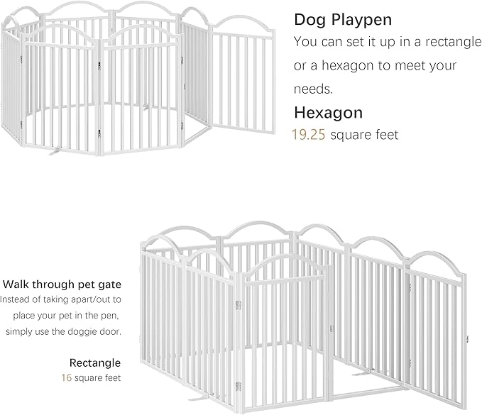 BHG Metal No-Assembly Freestanding Dog Gate with Door Walk Through, Extra Wide 96", Extra Tall 32" Pet Gate, Accordion Puppy Folding Playpen Dog Fence, with 4PCS Support (White, 8 Panels)