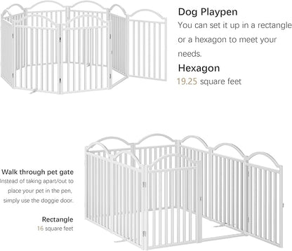 BHG Metal No-Assembly Freestanding Dog Gate with Door Walk Through, Extra Wide 96", Extra Tall 32" Pet Gate, Accordion Puppy Folding Playpen Dog Fence, with 4PCS Support (White, 8 Panels)